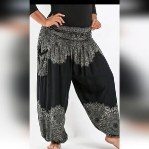 UNISEX HAREM PANTS BLACK/WHITE STRETCH WAISTLINE TO PLUS SIZE